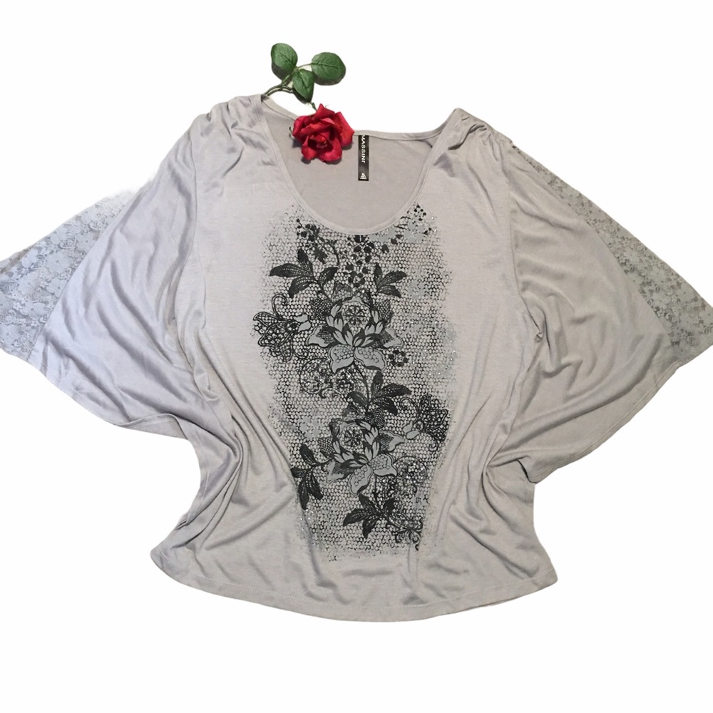 Massini XL Butterfly dohlman lace batwings sleeves floral gray top